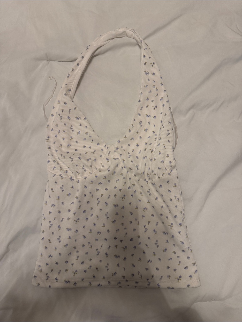 White Ribbed Halter Tank with Blue Floral Print